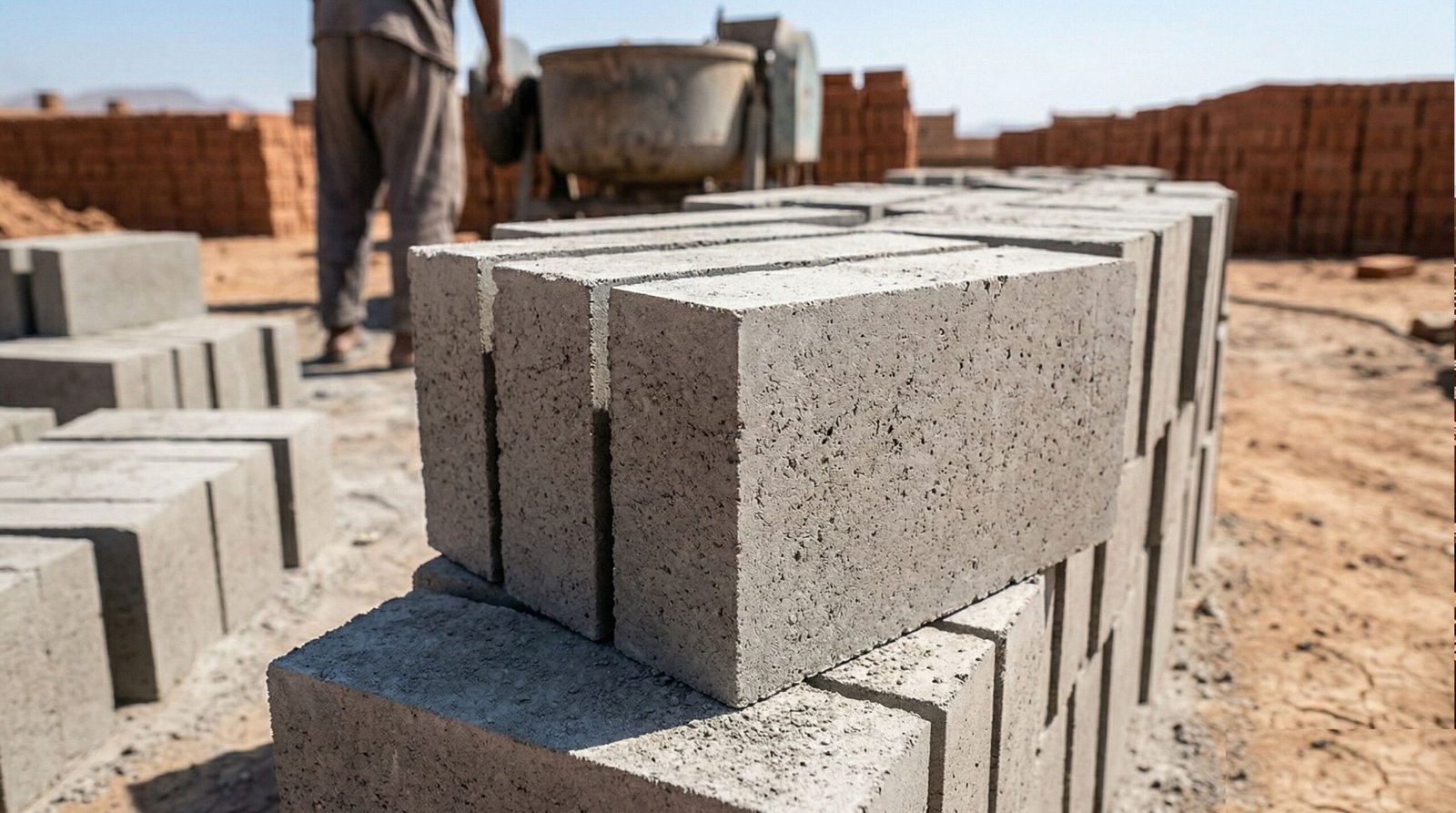 Smooth grey fly ash bricks stacked neatly